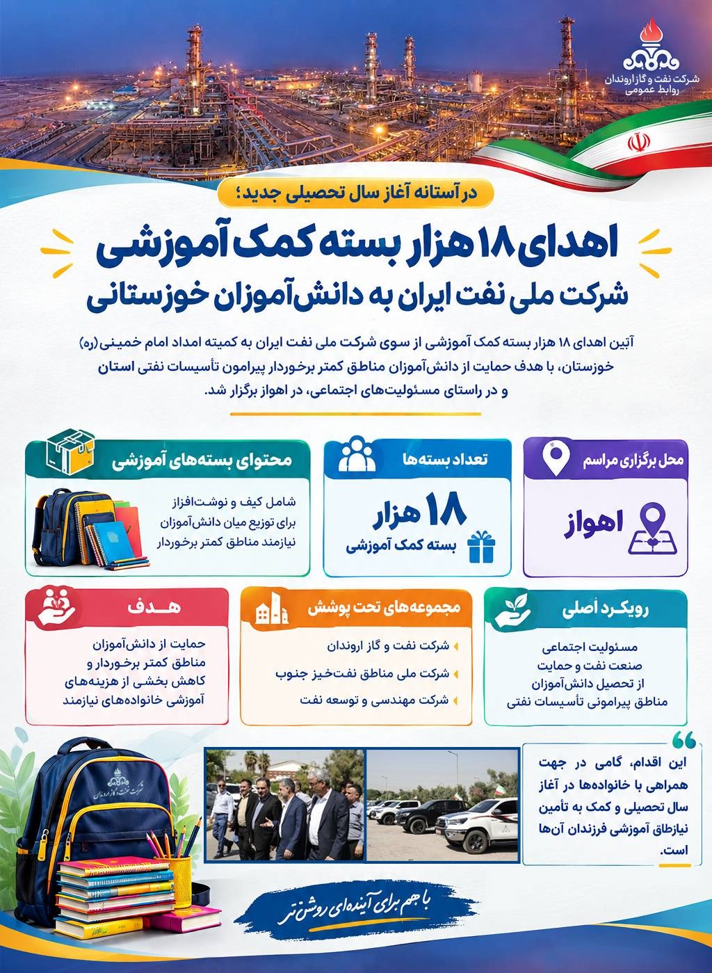اهدای ۱۸ هزار بسته کمک آموزشی شرکت ملی نفت ایران به دانشآموزان خوزستانی